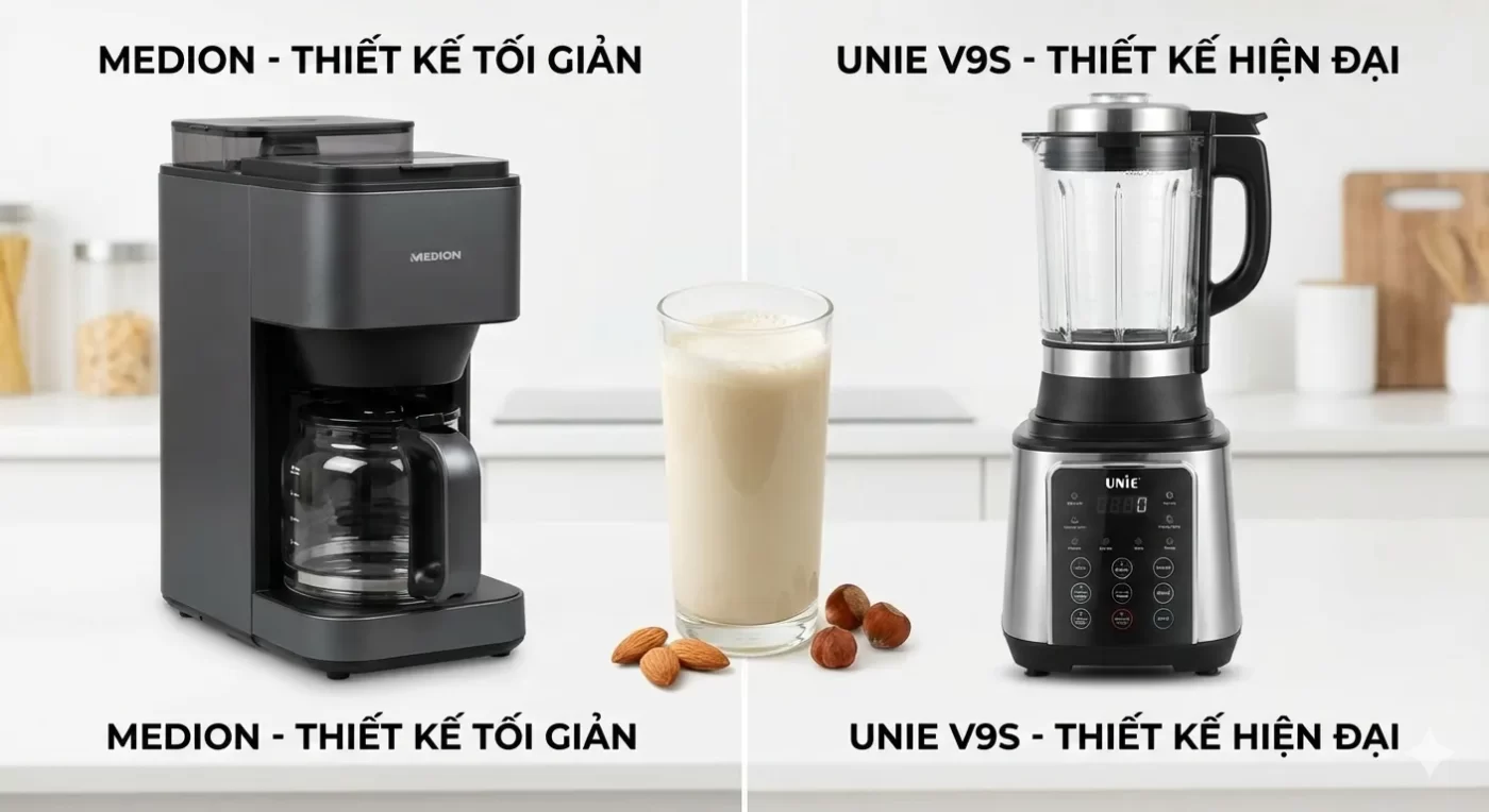 Bên trái là máy làm sữa hạt Medion thiết kế tối giản, bên phải là máy Unie V9S thiết kế hiện đại, ở giữa là ly sữa hạt sánh mịn