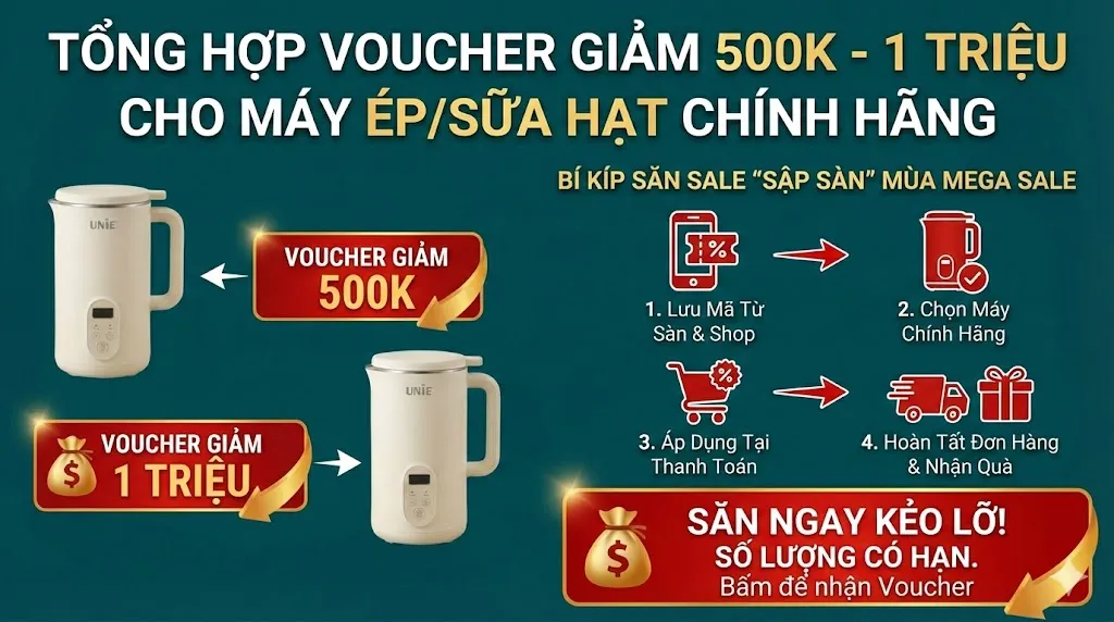 Tổng Hợp Voucher Giảm 500k - 1 Triệu Cho Máy Ép/Sữa Hạt Chính Hãng: Bí Kíp Săn Sale "Sập Sàn" Mùa Mega Sale