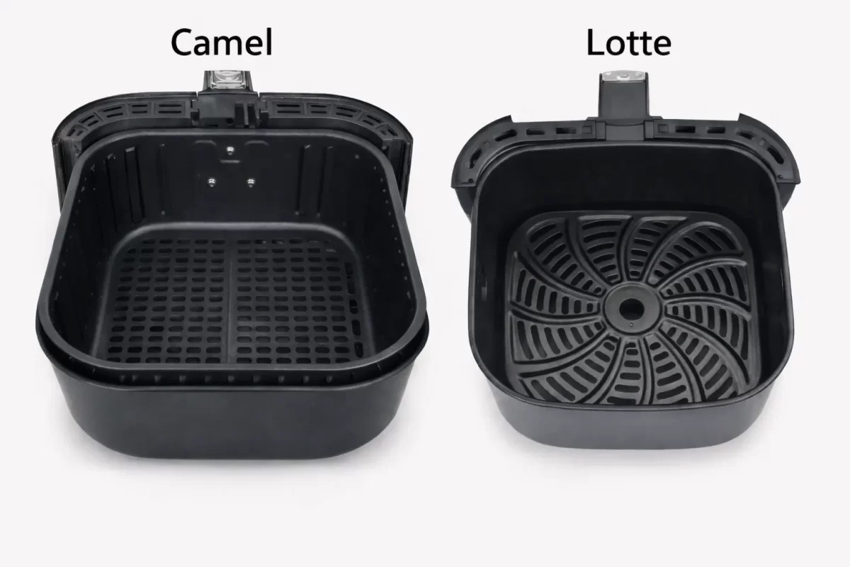 Hình ảnh so sánh lòng nồi bên trong của Camel và Lotte, cho thấy sự khác biệt về kích thước và lớp chống dính