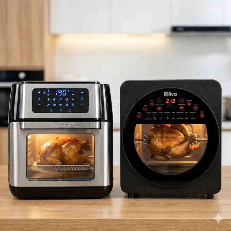 Cận cảnh bảng điều khiển cảm ứng của nồi chiên Kalite và Olivo, hiển thị các chế độ nấu nướng đa dạng