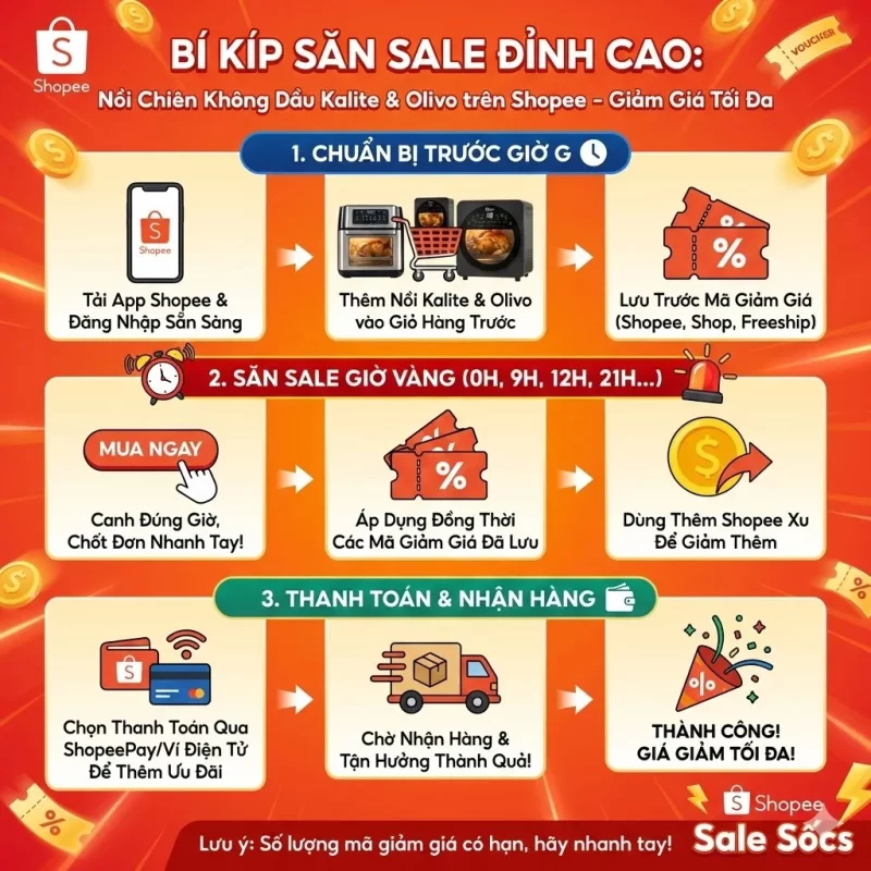  Infographic hướng dẫn các bước săn sale nồi chiên không dầu Kalite và Olivo trên Shopee để được giảm giá tối đa