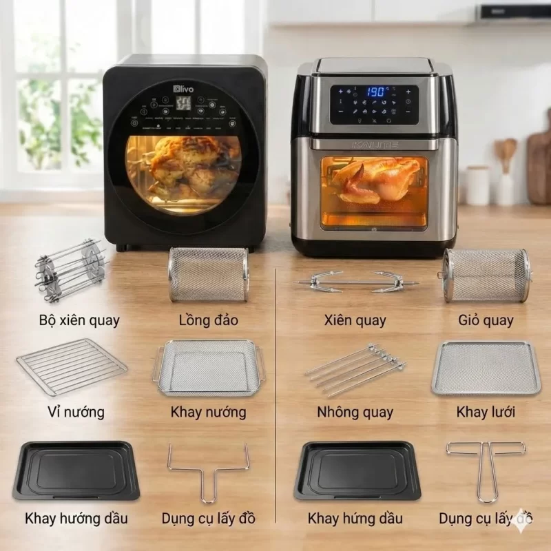 Bộ phụ kiện đi kèm của nồi chiên không dầu gồm xiên quay gà, lồng đảo, khay nướng lưới và dụng cụ lấy đồ