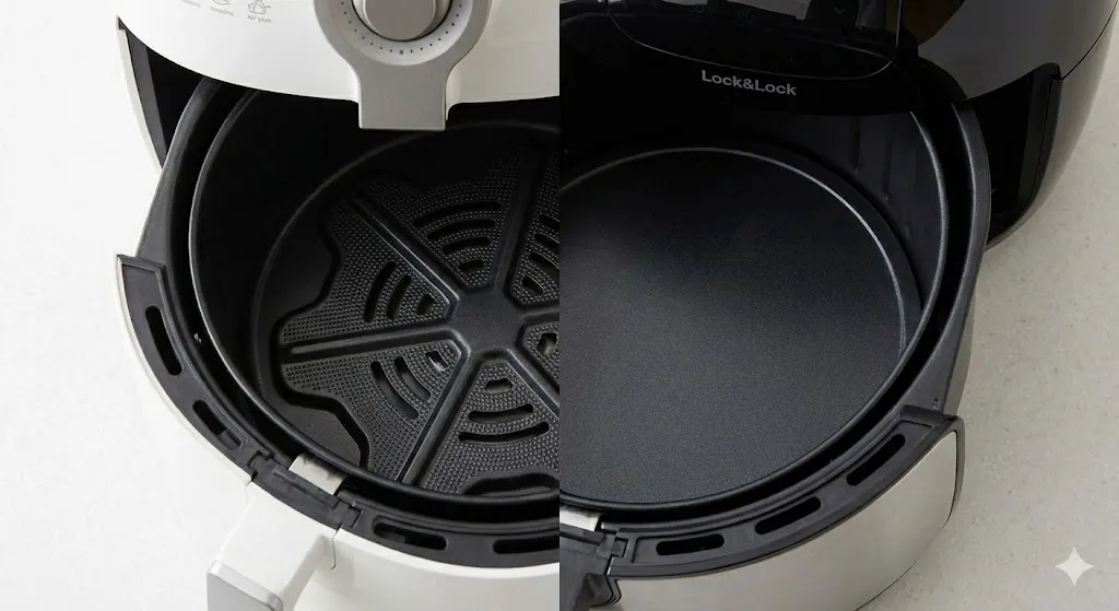 Hình ảnh so sánh đáy nồi chiên không dầu: Đáy xoáy hình sao biển của Philips và đáy phẳng của Lock&Lock