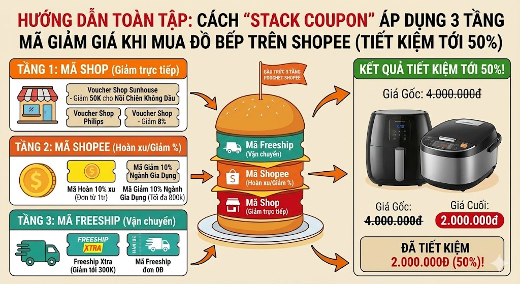 HƯỚNG DẪN TOÀN TẬP: CÁCH "STACK COUPON" ÁP DỤNG 3 TẦNG MÃ GIẢM GIÁ KHI MUA ĐỒ BẾP TRÊN SHOPEE (TIẾT KIỆM TỚI 50%)