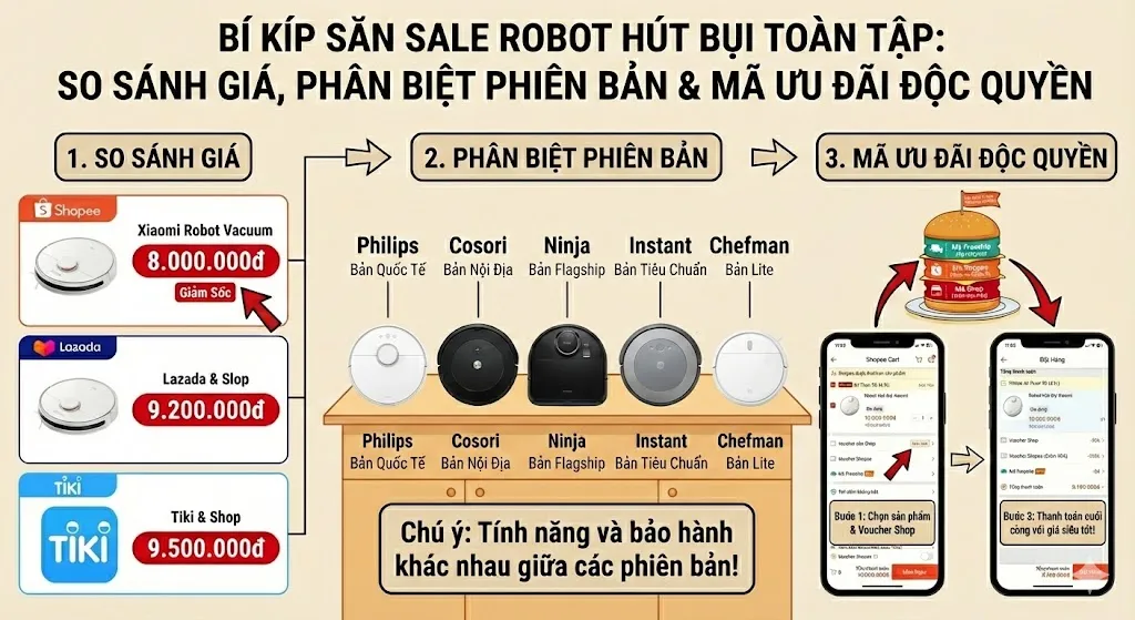 BÍ KÍP SĂN SALE ROBOT HÚT BỤI TOÀN TẬP: SO SÁNH GIÁ, PHÂN BIỆT PHIÊN BẢN & MÃ ƯU ĐÃI ĐỘC QUYỀN