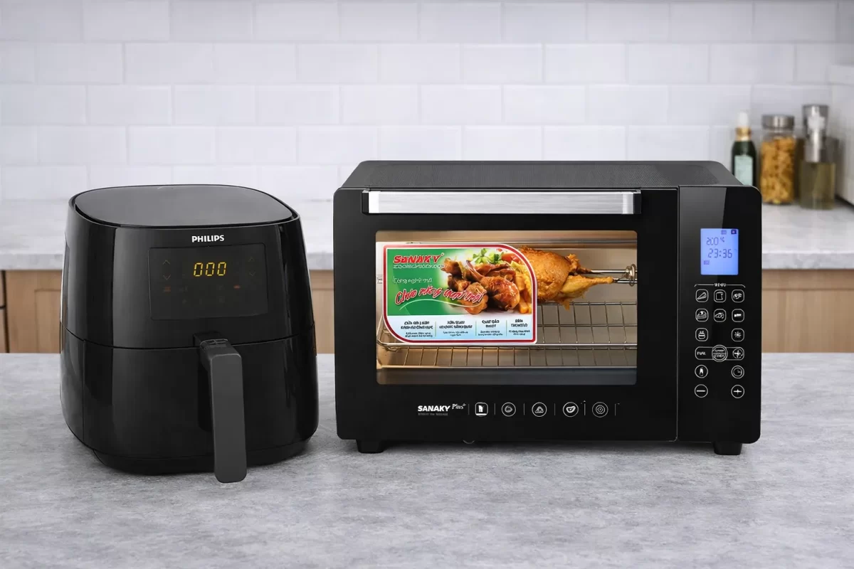 Hình ảnh so sánh trực quan một chiếc nồi chiên không dầu Philips và một chiếc lò nướng thùng Sanaky đặt cạnh nhau trong căn bếp hiện đại