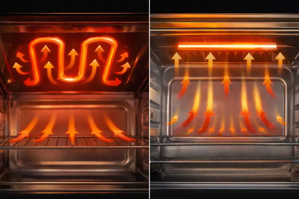 Cận cảnh thanh nhiệt chữ M của lò nướng Ukoeo và thanh nhiệt thẳng của lò Sanaky, minh họa khả năng tỏa nhiệt