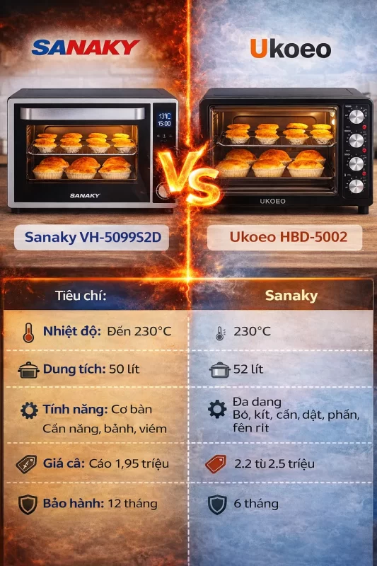 Infographic so sánh 5 tiêu chí: Nhiệt độ, Dung tích, Tính năng, Giá cả và Bảo hành giữa Sanaky và Ukoeo