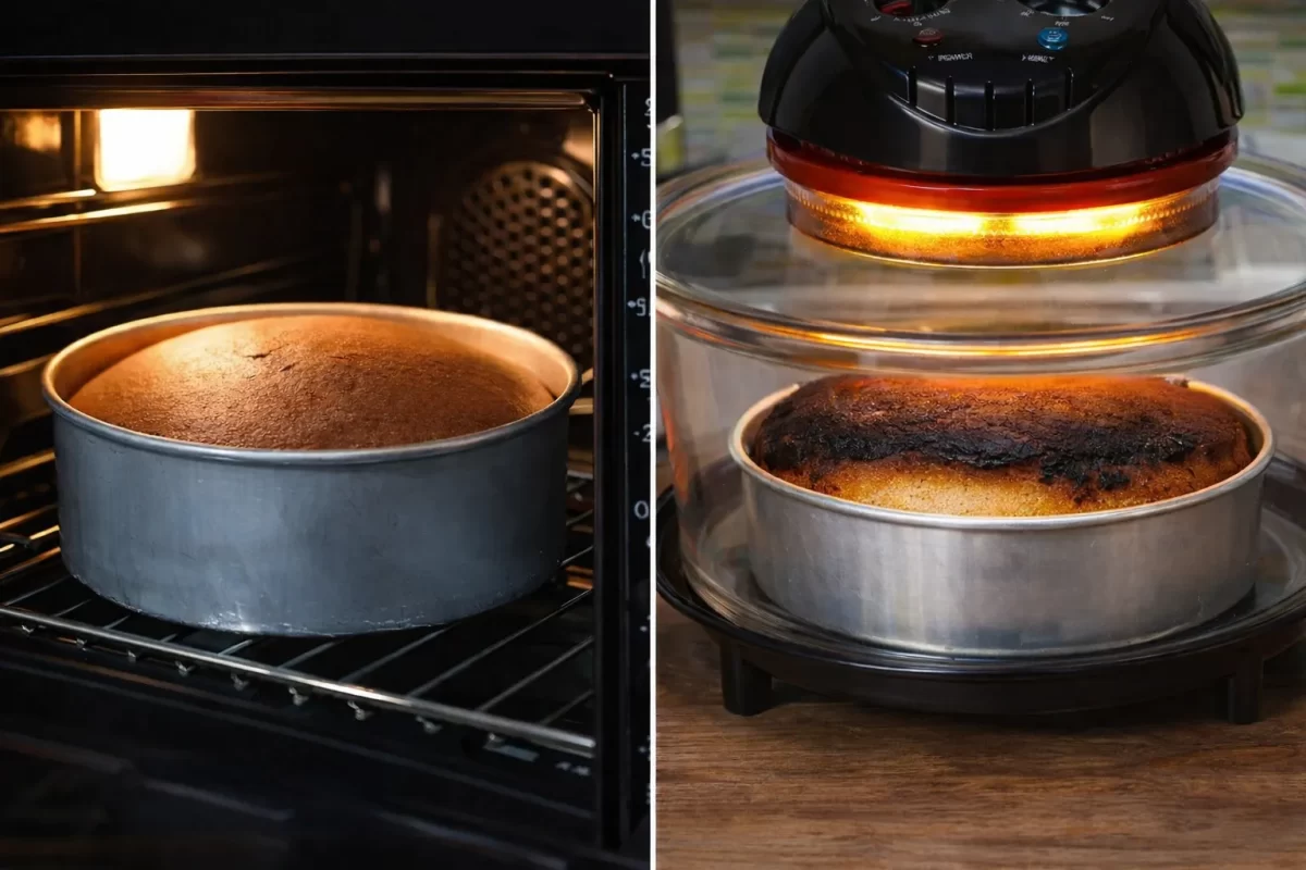 So sánh hình ảnh bánh bông lan nướng bằng lò thùng (nở đều) và lò thủy tinh (bị xẹp và cháy mặt