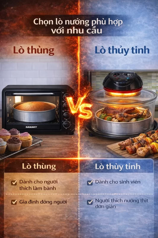  Lò thùng dành cho người thích làm bánh, gia đình đông người. Lò thủy tinh dành cho sinh viên, người thích nướng thịt đơn giản