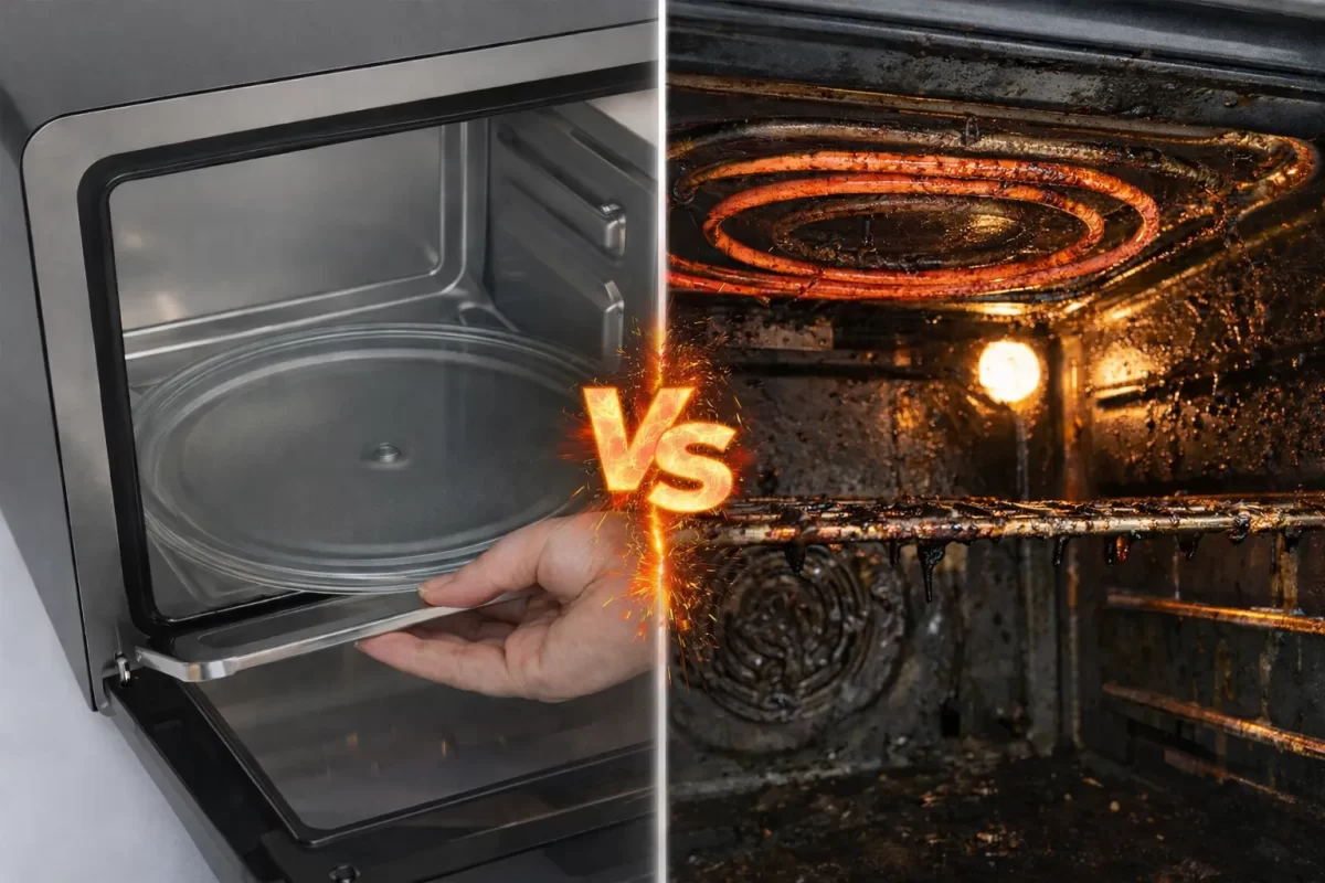 So sánh khoang lò bên trong: Lò không nướng trơn láng dễ lau chùi và Lò có nướng với thanh nhiệt bám đầy dầu mỡ cháy đen