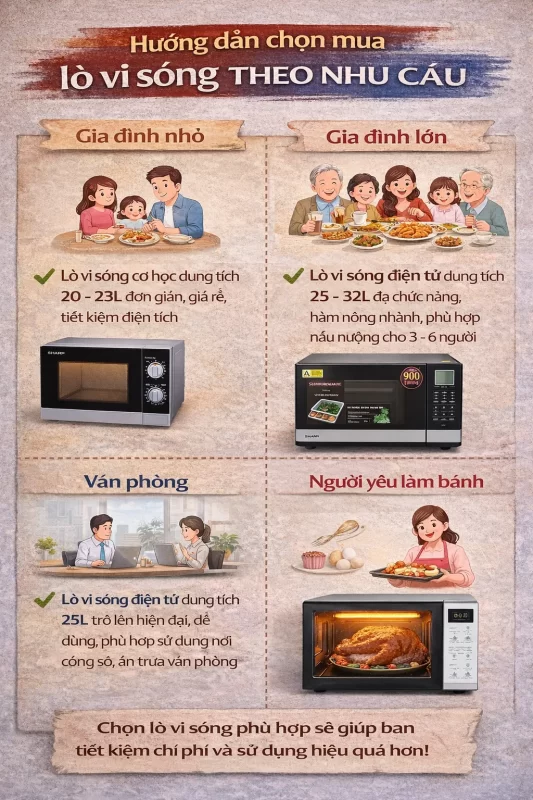 Infographic hướng dẫn chọn mua lò vi sóng theo nhu cầu: Gia đình nhỏ, Gia đình lớn, Văn phòng, Người yêu làm bánh