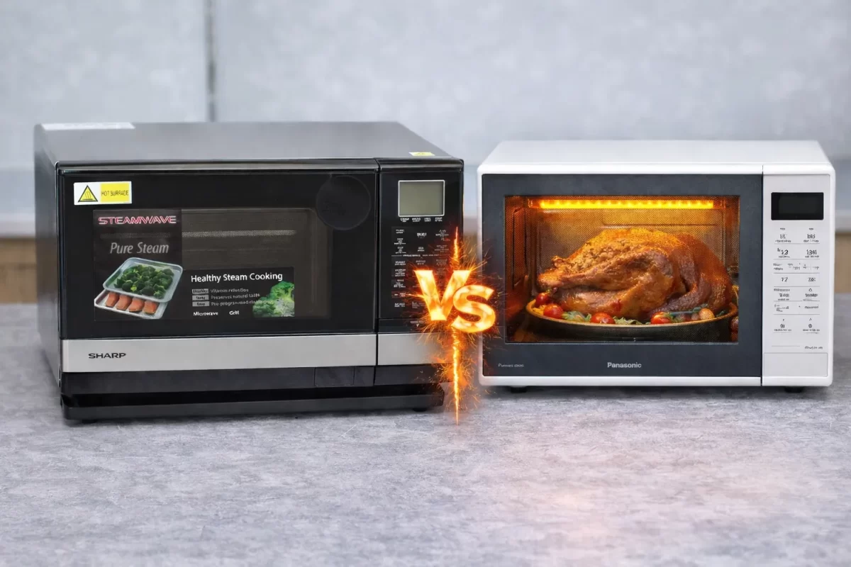Hình ảnh so sánh lò vi sóng Sharp đơn năng và lò vi sóng Panasonic có nướng, hiển thị rõ thanh nhiệt nướng bên trong khoang lò