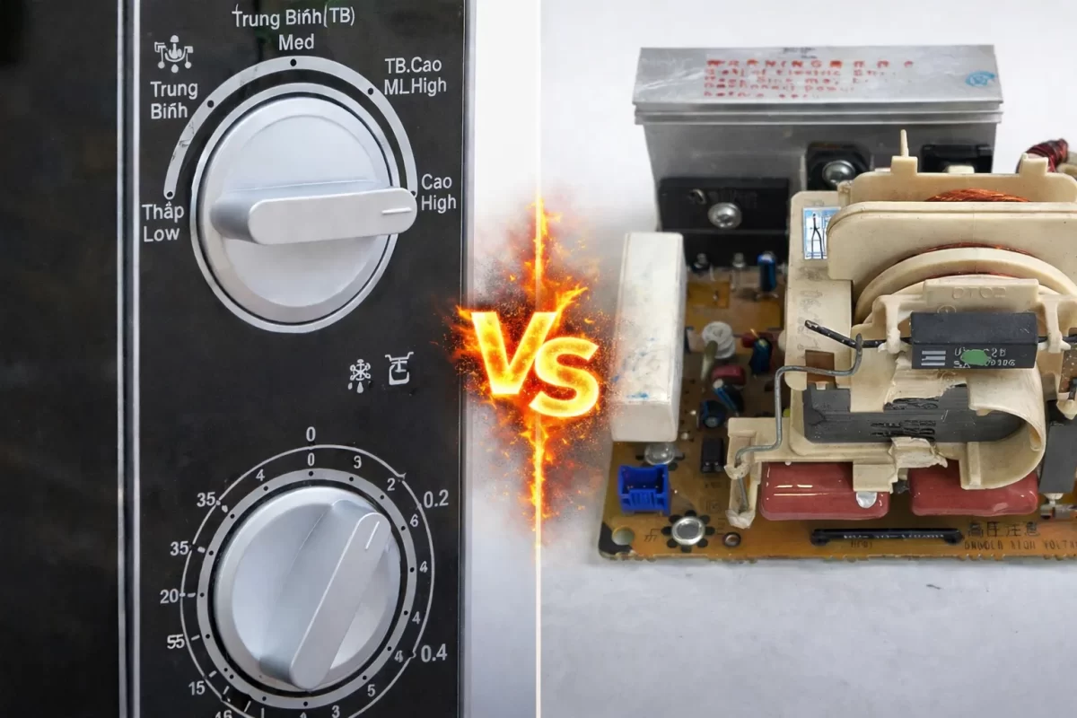 Cận cảnh núm vặn cơ học đơn giản và bảng mạch điện tử phức tạp bên trong lò vi sóng, minh họa cho sự khác biệt về cấu tạo