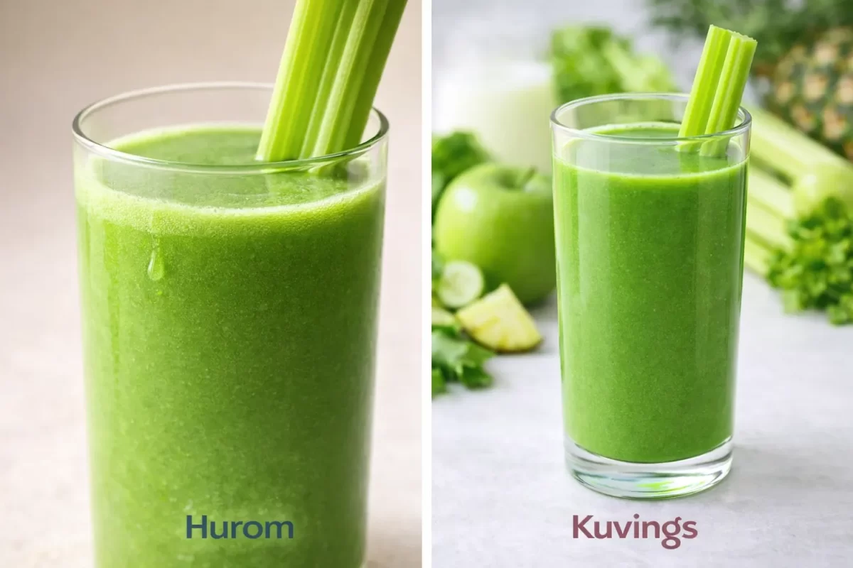 So sánh thành phẩm: Cốc nước ép cần tây xanh mướt, không phân tầng được ép từ máy ép chậm cao cấp Hurom và Kuvings