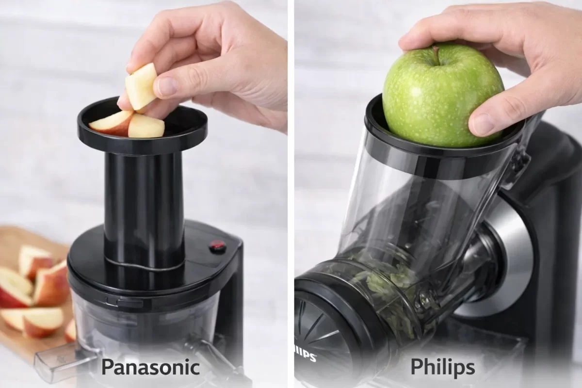 So sánh ống tiếp nguyên liệu: Cận cảnh người dùng thái nhỏ táo cho vào máy Panasonic và thả nguyên quả táo vào máy ép Philips