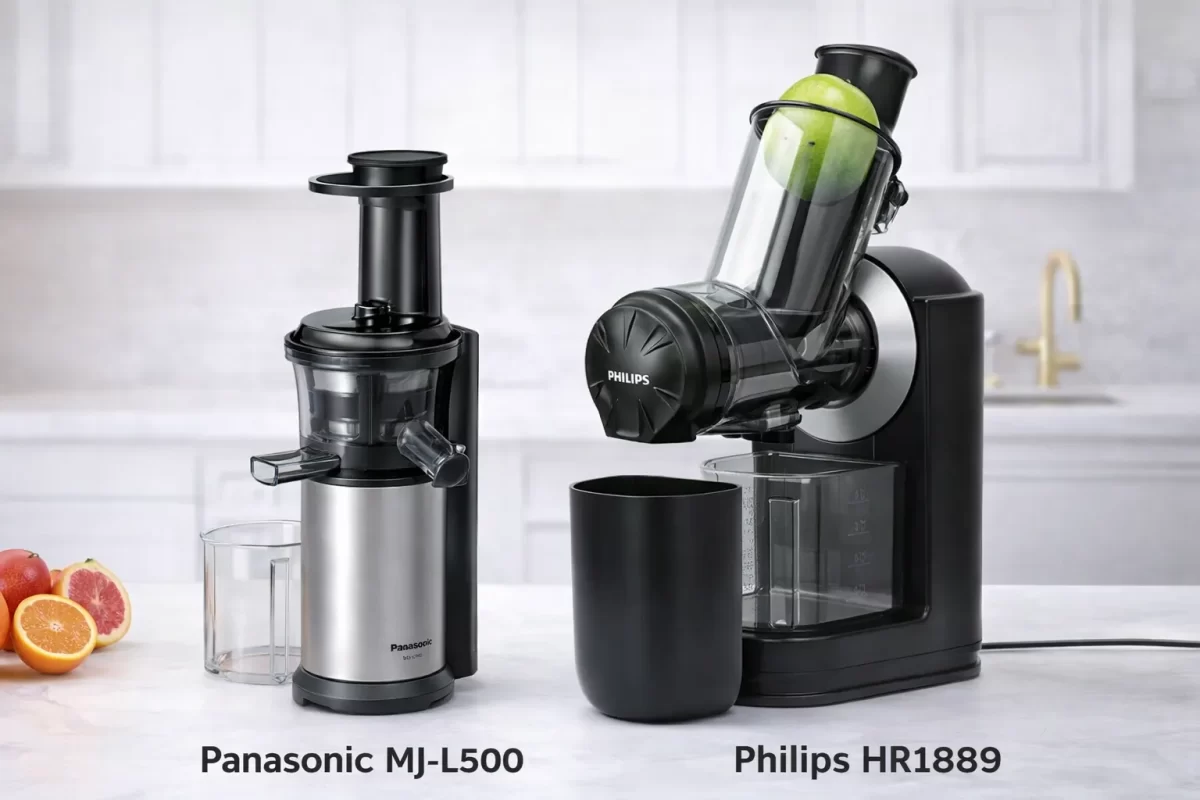 Hình ảnh so sánh máy ép chậm Panasonic MJ-L500 nhỏ gọn tinh tế và máy ép chậm Philips HR1889 với ống tiếp nguyên liệu cực lớn đặt cạnh nhau