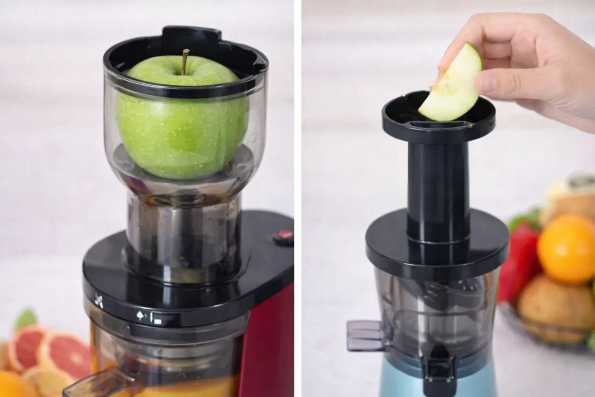 So sánh ống tiếp nguyên liệu miệng rộng của máy ép chậm Savtm JE-35 có thể bỏ nguyên quả táo và miệng ép nhỏ của các dòng máy mini