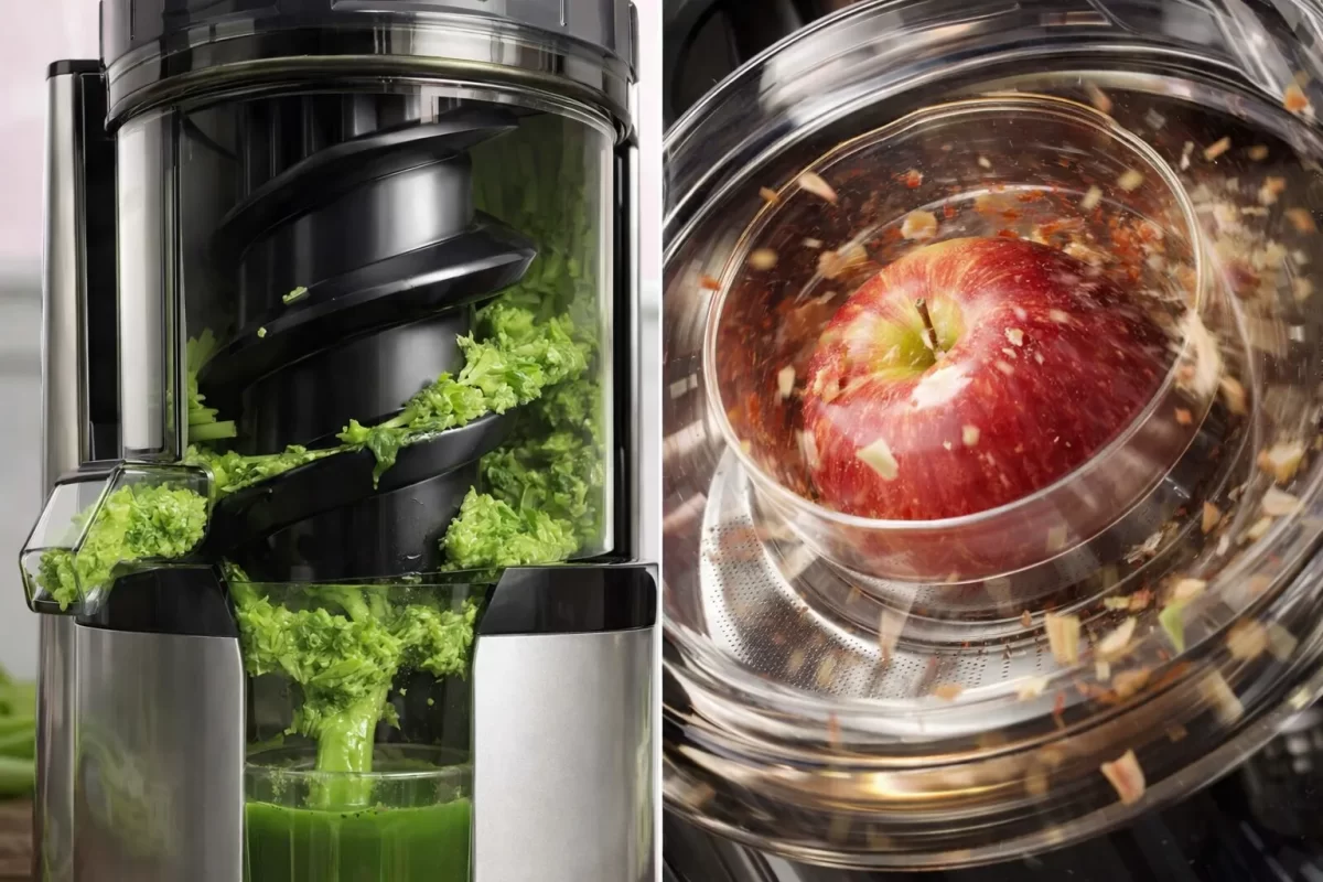 Hình ảnh so sánh trực quan một chiếc máy ép chậm có trục vít to bản đang nghiền rau cần tây và một chiếc máy ép ly tâm đang quay trái táo ở tốc độ cao