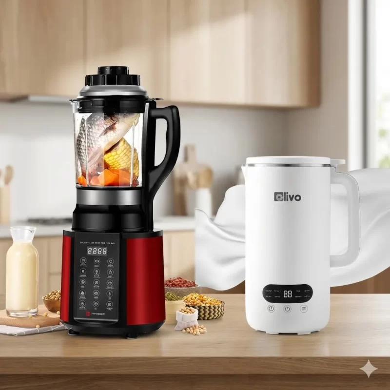 Hình ảnh so sánh trực quan máy làm sữa hạt Ranbem 769S kiểu dáng cơ bản và máy Olivo CB1000 có lồng chống ồn cao cấp đặt cạnh nhau trên bàn bếp