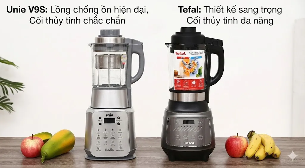 Hình ảnh so sánh máy làm sữa hạt Unie V9S với lồng chống ồn hiện đại và máy làm sữa hạt Tefal BL967B66 thiết kế cối thủy tinh chắc chắn đặt cạnh nhau