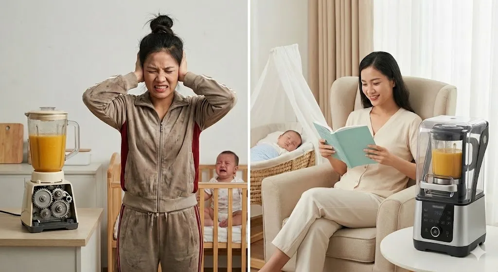 Hình ảnh bà mẹ bỉm sữa bịt tai nhăn nhó vì tiếng ồn của máy làm sữa hạt loại thường, đối lập với hình ảnh bà mẹ thảnh thơi đọc sách bên cạnh máy làm sữa hạt chống ồn có lồng cách âm