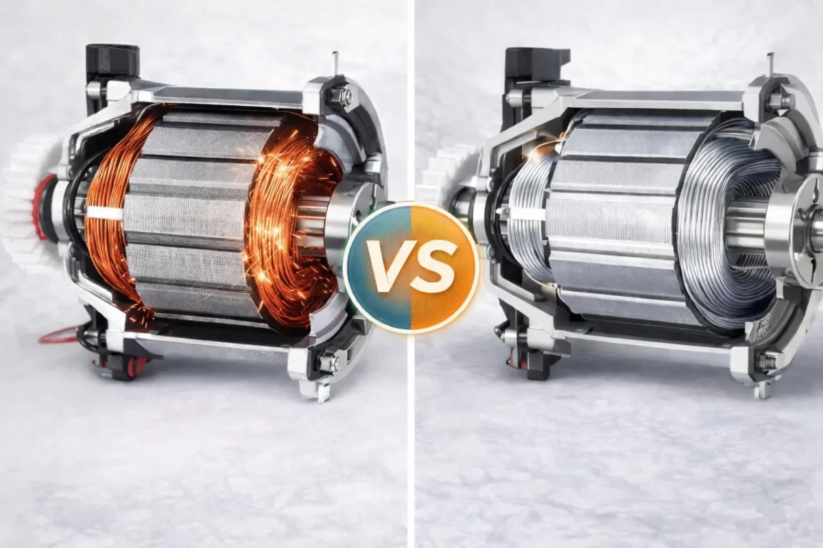 Đồ họa mô phỏng mặt cắt bên trong mô-tơ máy xay: So sánh cuộn dây đồng nguyên chất dày dặn của máy xay cao cấp và cuộn dây nhôm mỏng của máy xay giá rẻ