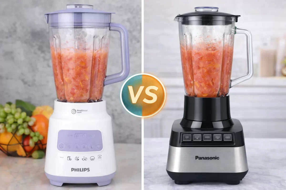Hình ảnh so sánh máy xay sinh tố Philips HR2221 vỏ nhựa hiện đại và Panasonic MX-V310 cối thủy tinh chắc chắn đang xay sinh tố
