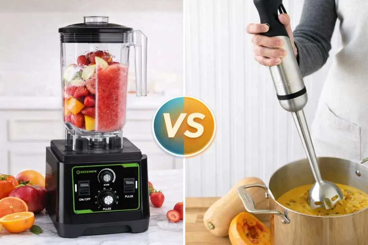Hình ảnh so sánh sự khác biệt: Một bên là máy xay sinh tố để bàn dung tích lớn đang xay hoa quả, một bên là máy xay cầm tay đang được dùng để xay cháo trực tiếp trong nồi