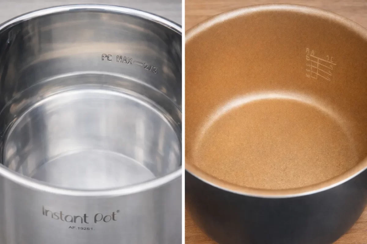 Cận cảnh lòng nồi Inox 304 sáng bóng của Instant Pot và lòng nồi phủ chống dính màu vàng kim dày dặn của Philips