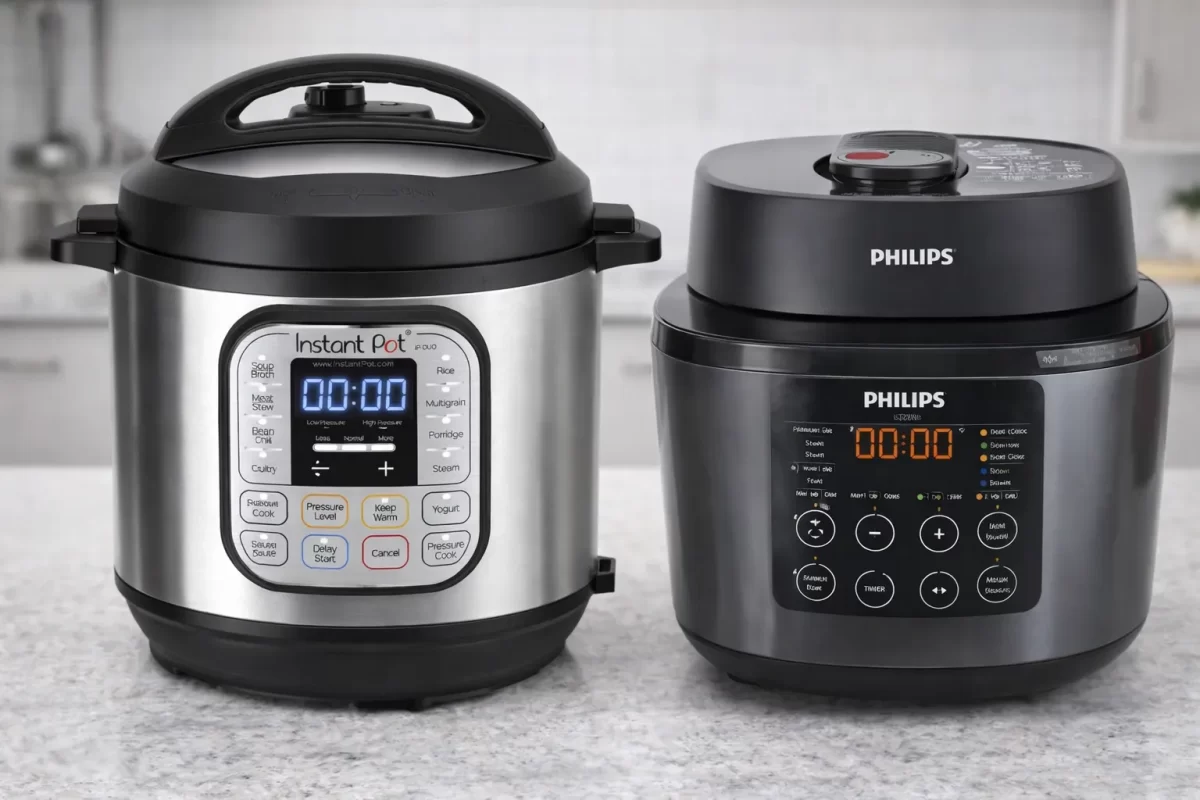 Hình ảnh so sánh nồi áp suất Instant Pot Duo Plus với vỏ thép không gỉ sáng bóng và nồi áp suất Philips HD2151 màu đen sang trọng đặt cạnh nhau
