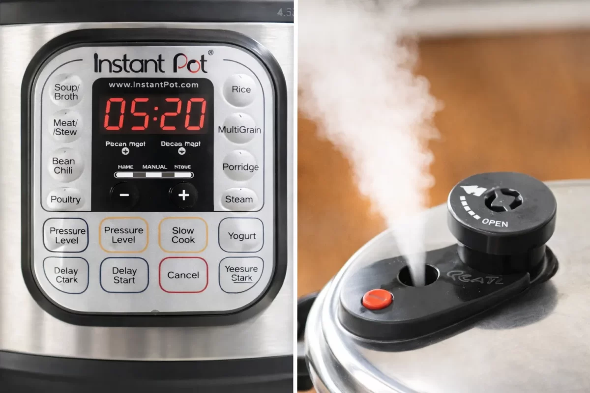 Cận cảnh bảng điều khiển chi tiết của nồi áp suất điện với nhiều chế độ nấu tự động so với van xả đơn giản của nồi áp suất cơ