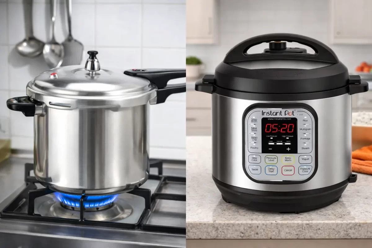 Hình ảnh so sánh nồi áp suất cơ Supor bằng inox sáng bóng đặt trên bếp ga và nồi áp suất điện Instant Pot hiện đại đặt trên bàn bếp