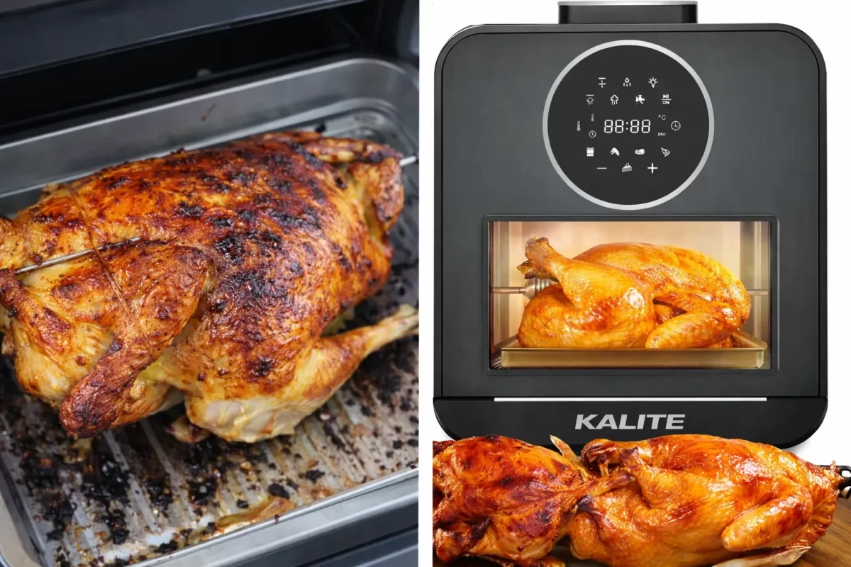 Hình ảnh so sánh món gà nướng từ nồi chiên thường (hơi khô) và nồi chiên hơi nước (bóng bẩy, mọng nước), bên cạnh là chiếc nồi Kalite Steam Star