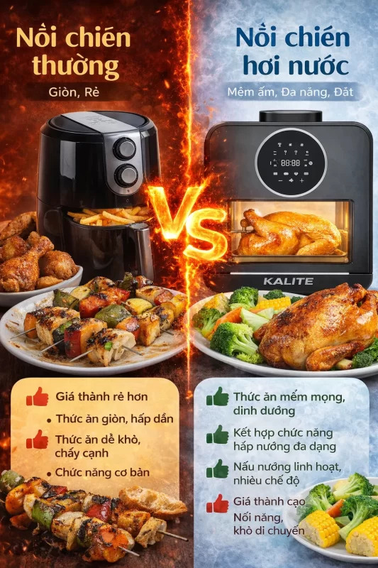 Infographic so sánh ưu nhược điểm của Nồi chiên thường (Giòn, Rẻ) và Nồi chiên hơi nước (Mềm ẩm, Đa năng, Đắt)