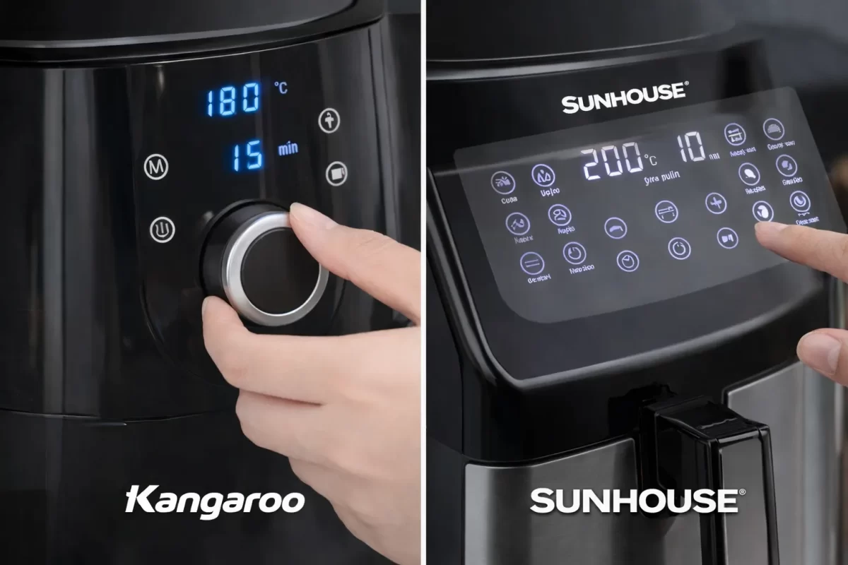 Cận cảnh bảng điều khiển núm vặn của nồi chiên Kangaroo và bảng điều khiển cảm ứng của nồi chiên Sunhouse