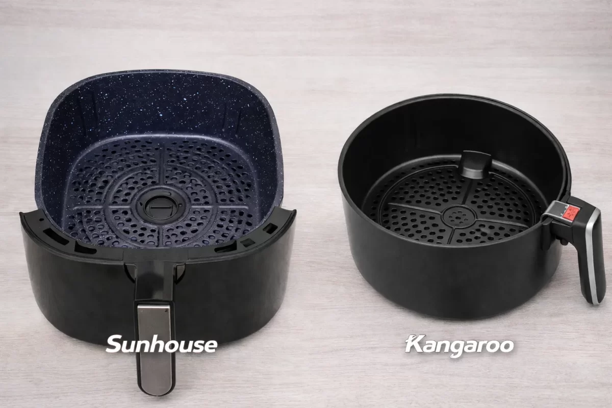 So sánh lòng nồi chiên của Sunhouse và Kangaroo, hiển thị rõ lớp chống dính và khay tách dầu