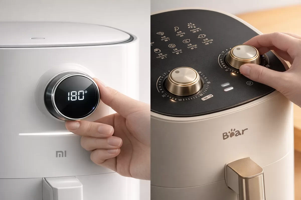 Cận cảnh núm xoay màn hình OLED của Xiaomi và bảng điều khiển núm vặn phong cách cổ điển của nồi chiên Bear