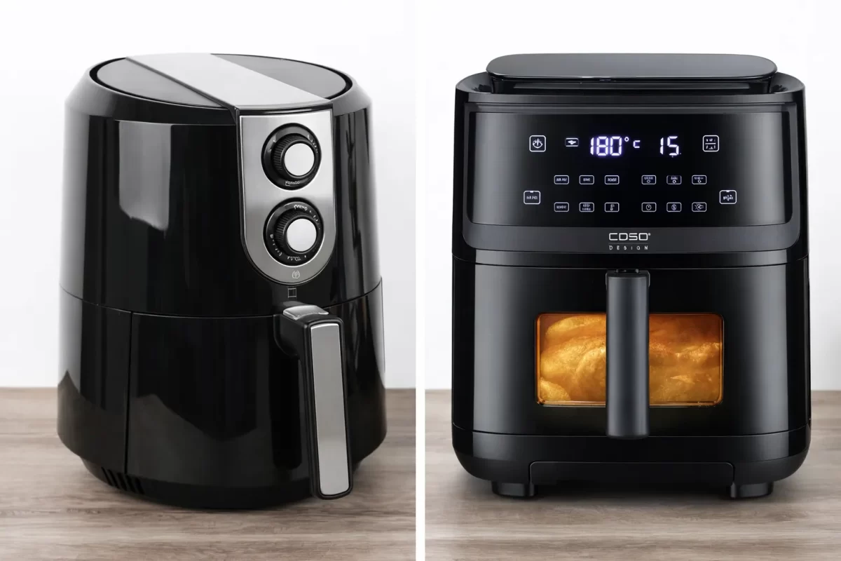 Hình ảnh so sánh trực quan: Một bên là nồi chiên cơ với 2 núm vặn đơn giản, một bên là nồi chiên điện tử với màn hình LED rực rỡ và các nút cảm ứng