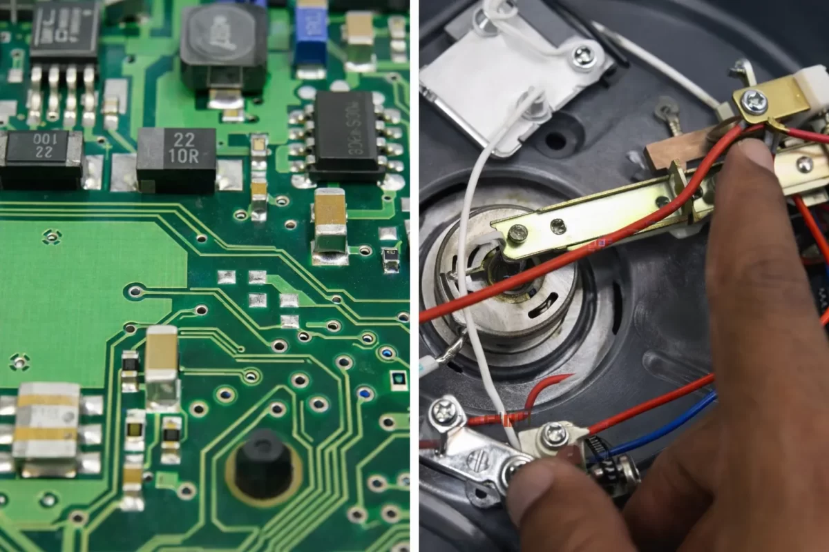 Cận cảnh bo mạch điện tử phức tạp bên trong nồi chiên điện tử so với bộ rơ-le cơ đơn giản của nồi chiên cơ