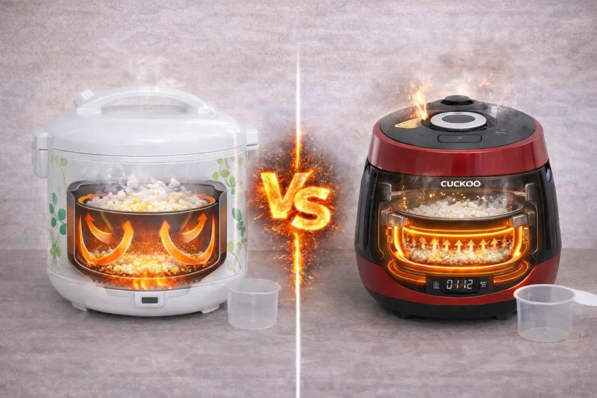 Infographic mô phỏng luồng nhiệt đối lưu trong nồi Sharp và công nghệ áp suất cao tần IH trong nồi Cuckoo