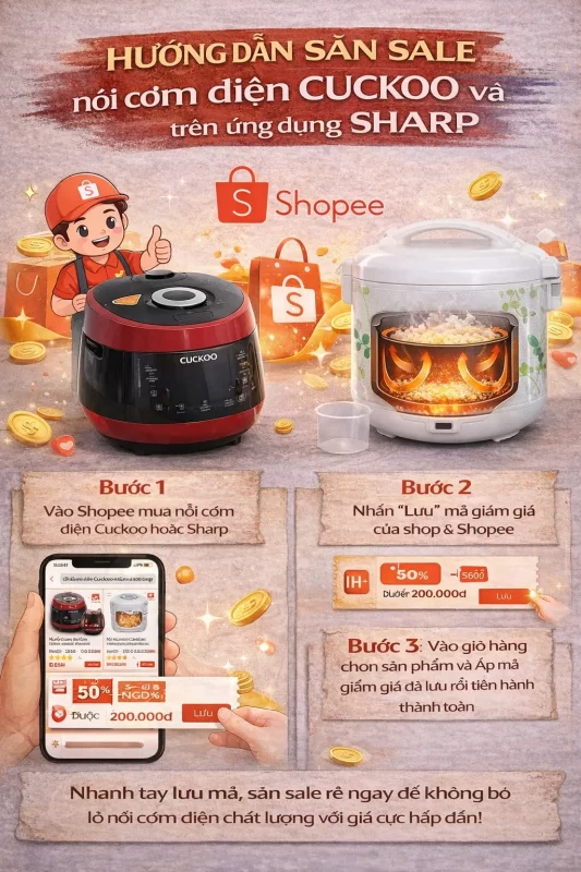 Hướng dẫn săn sale nồi cơm điện Cuckoo và Sharp trên ứng dụng Shopee với các bước lưu mã giảm giá