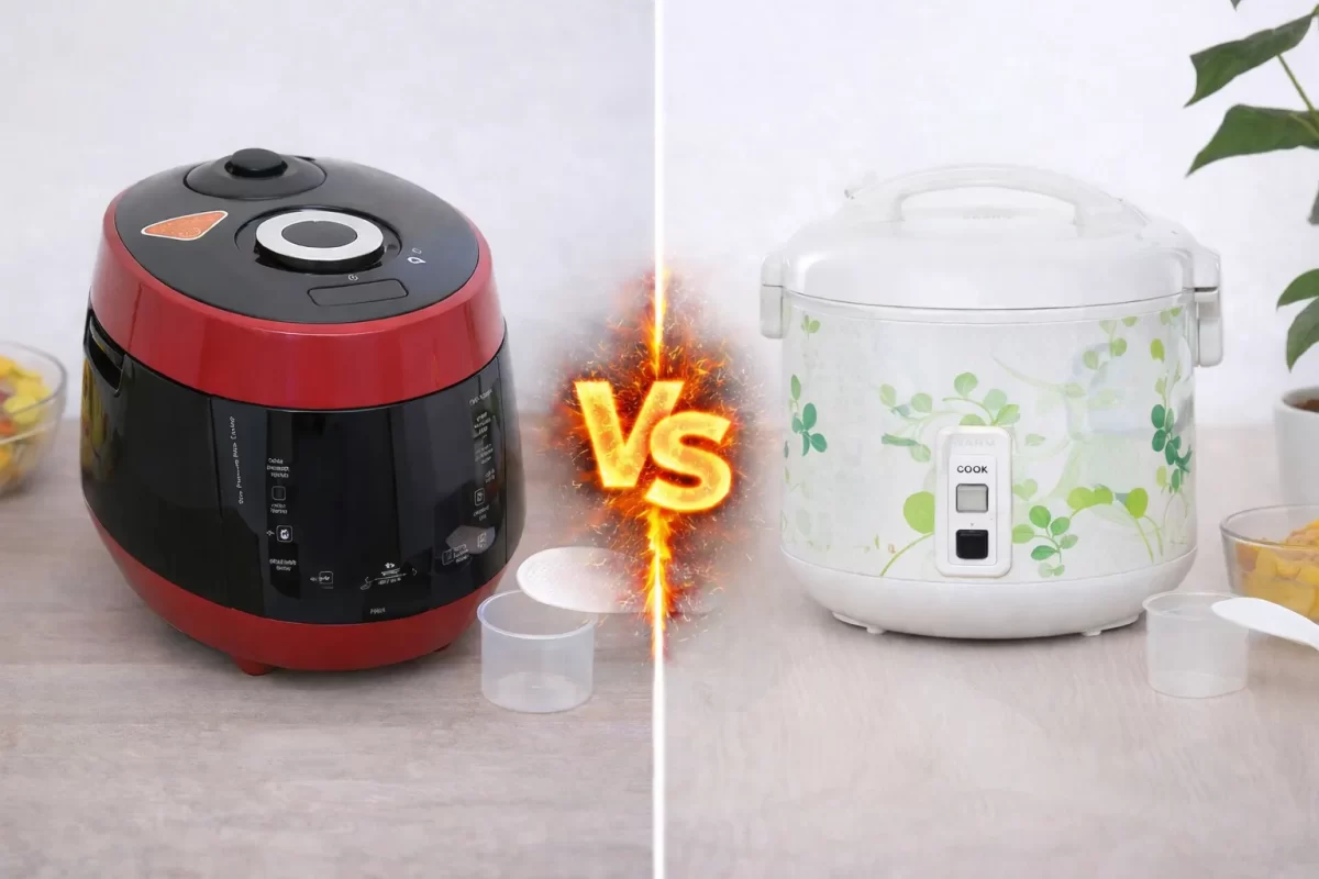 Hình ảnh so sánh nồi cơm điện tử áp suất Cuckoo màu đỏ đen sang trọng và nồi cơm điện nắp gài Sharp màu trắng hoa văn truyền thống