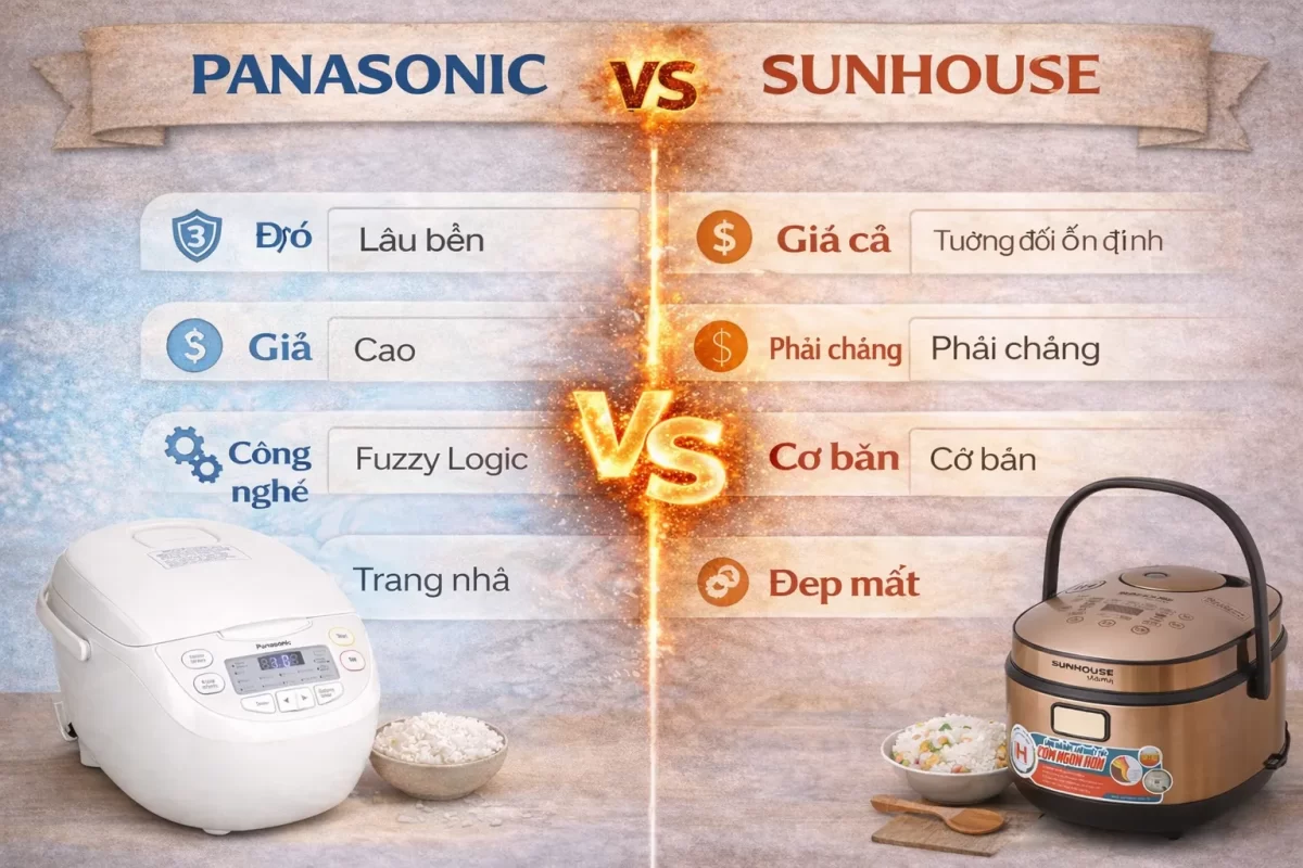 Infographic so sánh 4 tiêu chí: Độ bền, Giá cả, Công nghệ và Thiết kế giữa Panasonic và Sunhouse