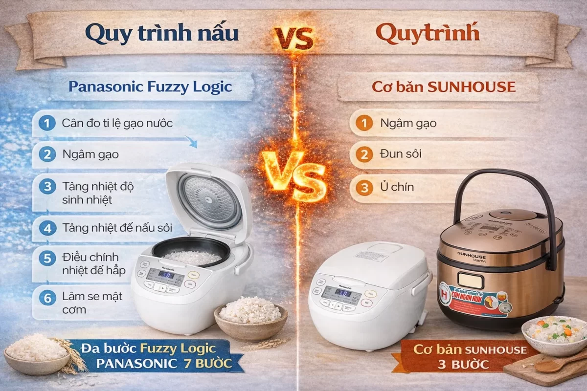  Infographic so sánh quy trình nấu 7 bước của Panasonic Fuzzy Logic so với quy trình nấu cơ bản của Sunhouse