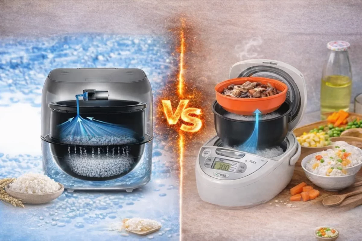 Infographic so sánh công nghệ Hút chân không của Toshiba (giúp cơm mềm ngọt) và công nghệ nấu Tacook của Tiger (vừa nấu cơm vừa nấu thức ăn)