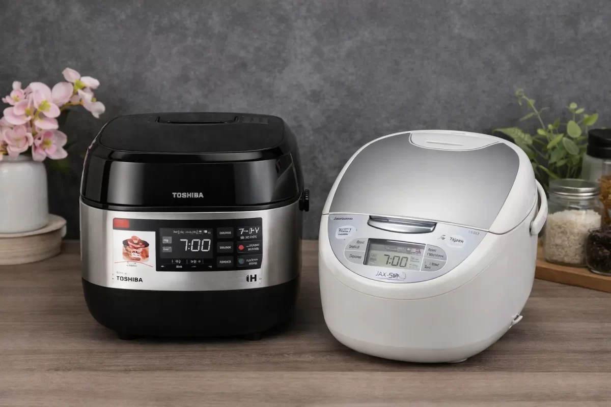 Hình ảnh so sánh nồi cơm điện cao tần Toshiba RC-18IX1PV và nồi cơm điện tử Tiger JAX-S18W đặt cạnh nhau, thể hiện sự sang trọng của hàng gia dụng Nhật Bản
