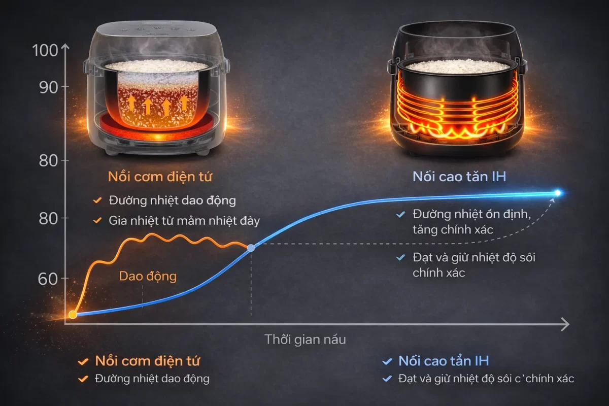 Biểu đồ so sánh nhiệt độ trong quá trình nấu của nồi cơm điện tử (đường cong dao động) và nồi cao tần IH (đường cong ổn định và tăng vọt chính xác)