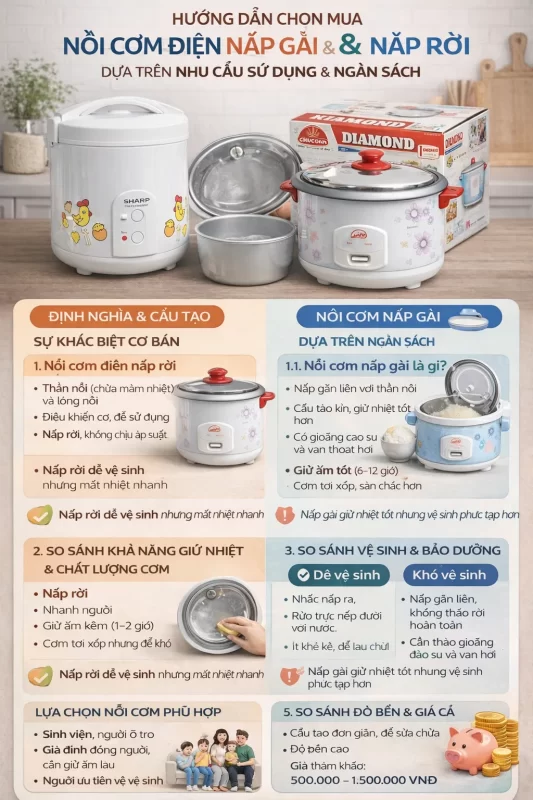 Infographic hướng dẫn chọn mua nồi cơm điện nắp gài và nắp rời dựa trên nhu cầu sử dụng và ngân sách