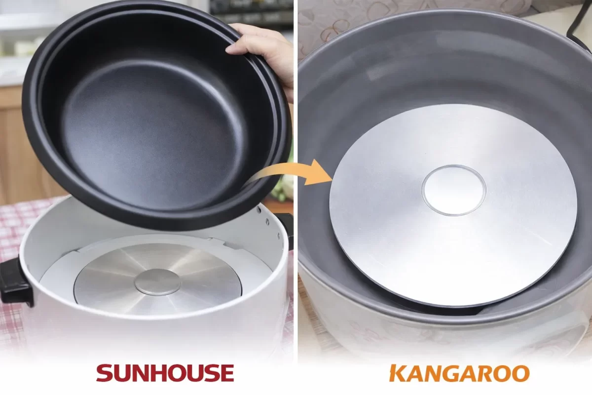 Cận cảnh cấu tạo mâm nhiệt và lòng nồi tháo rời của nồi lẩu điện Sunhouse và Kangaroo giúp người dùng hình dung cách vệ sinh